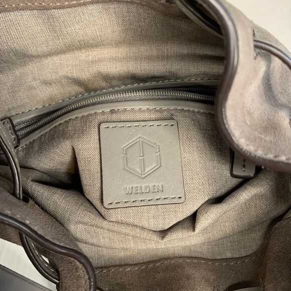 Welden Leather Bucket Bag Gray Crossbody Purse Geometric Weave Drawstring Medium - Picture 10 of 11